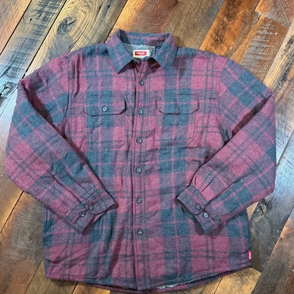 Wrangler Men’s Sherpa Lined Flannel Shirt Jacket Plaid Red Gray Size Large - Picture 3 of 9
